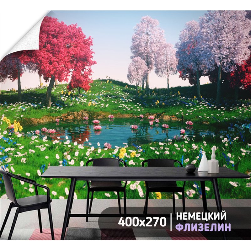Фотообои розовые деревья и озеро моющиеся на кухню 400х270