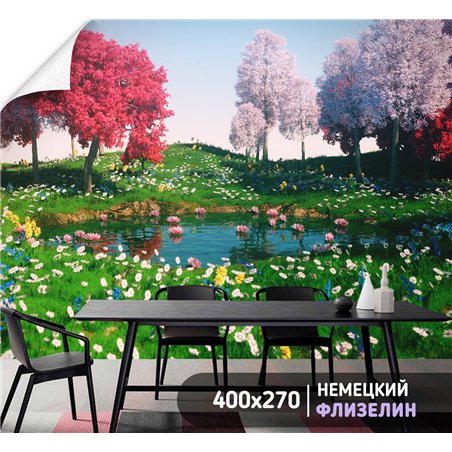 Фотообои розовые деревья и озеро моющиеся на кухню 400х270