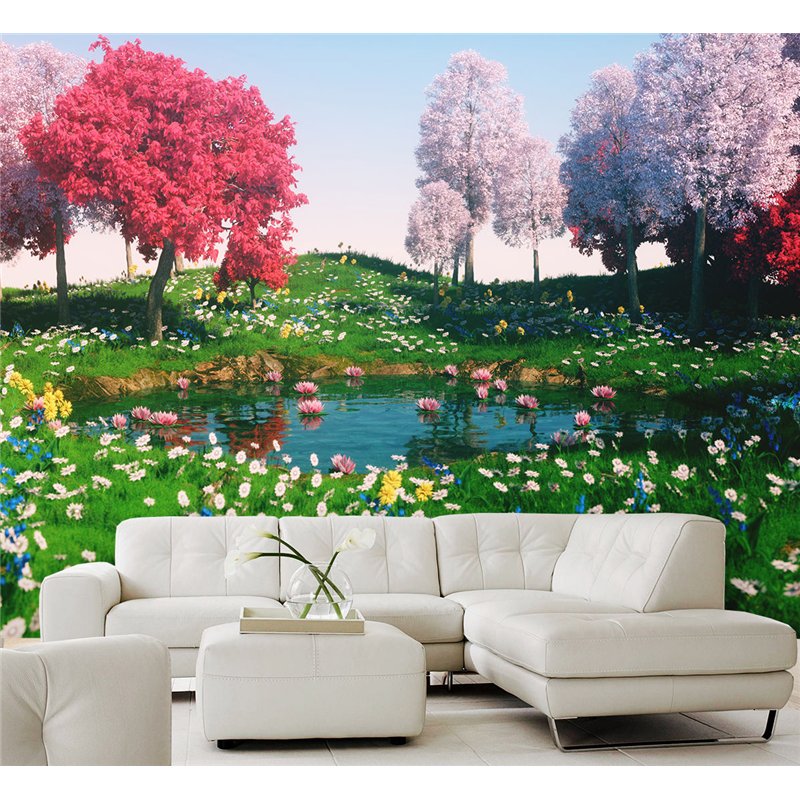 Фотообои розовые деревья и озеро моющиеся на кухню 400х270