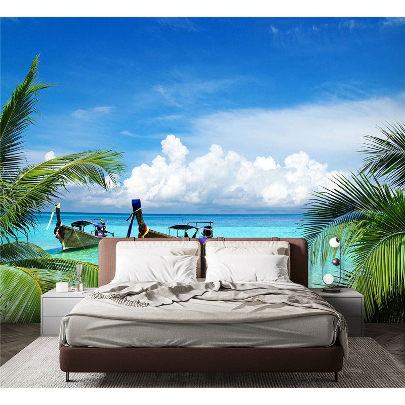 Фотообои лодки в лазурном море и пальмы на кухню 300х270