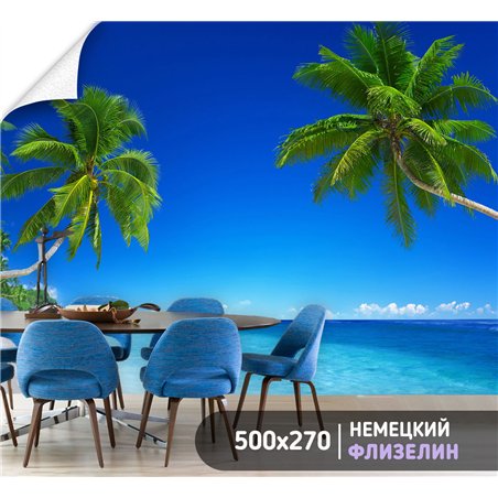 Фотообои голубой океан и пальмы 3d для зала 500х270