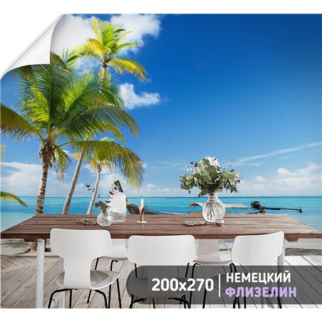 Фотообои лодка в голубом океане и пальмы в зал 200х270