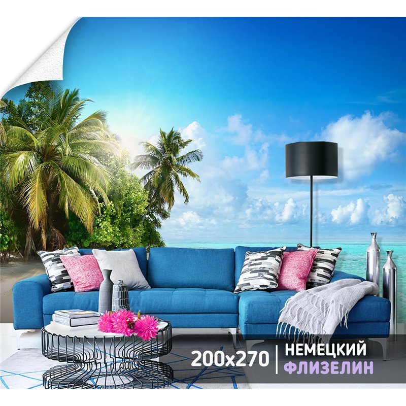 Фотообои золотой пляж с пальмами на кухню моющиеся 200х270