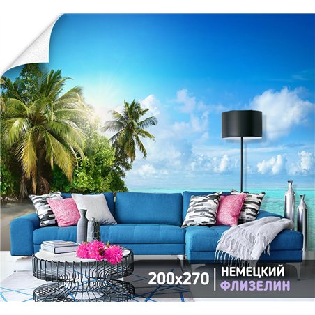 Фотообои золотой пляж с пальмами на кухню моющиеся 200х270