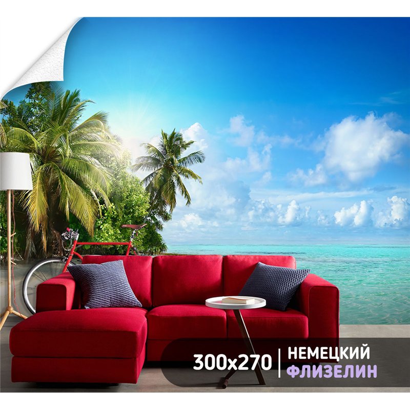 Фотообои песчаный пляж и пальмы для кухни 300х270