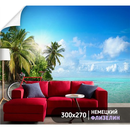 Фотообои песчаный пляж и пальмы для кухни 300х270