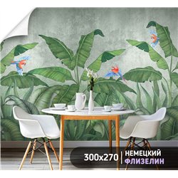 Фотообои пальмовые листья и папугаи на кухню 300х270