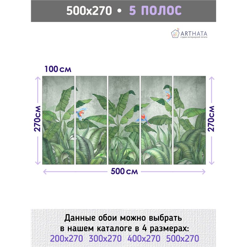 Фотообои тропические растения и папугаи на кухню 500х270