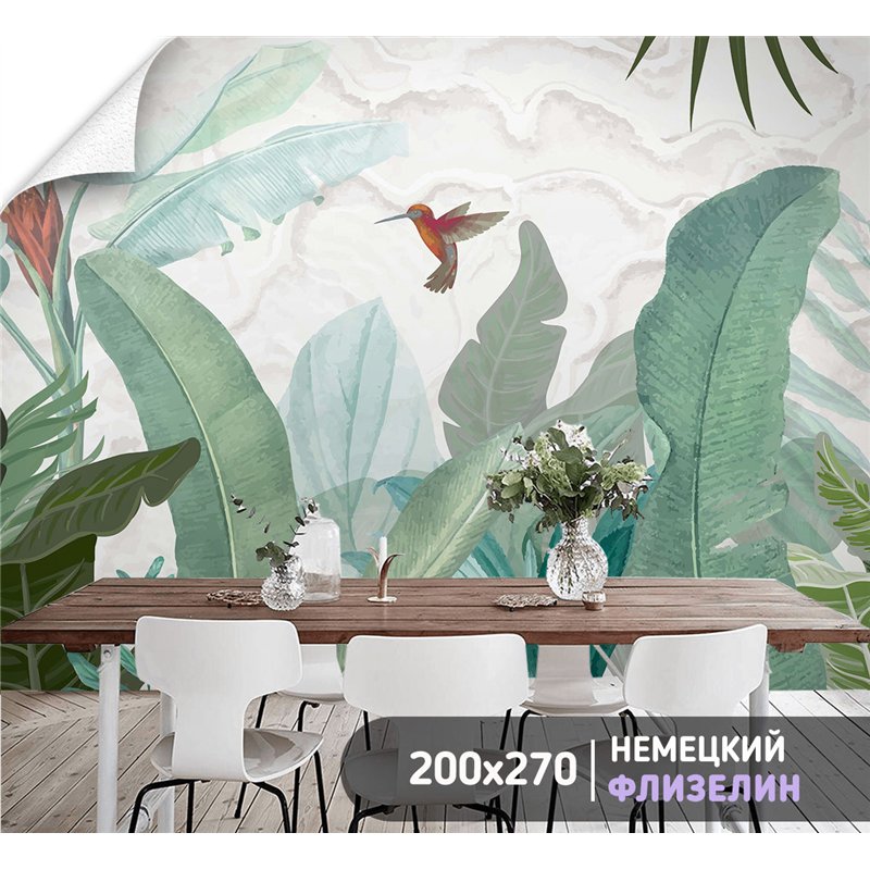 Фотообои тропические растения и птицы на кухню 200х270