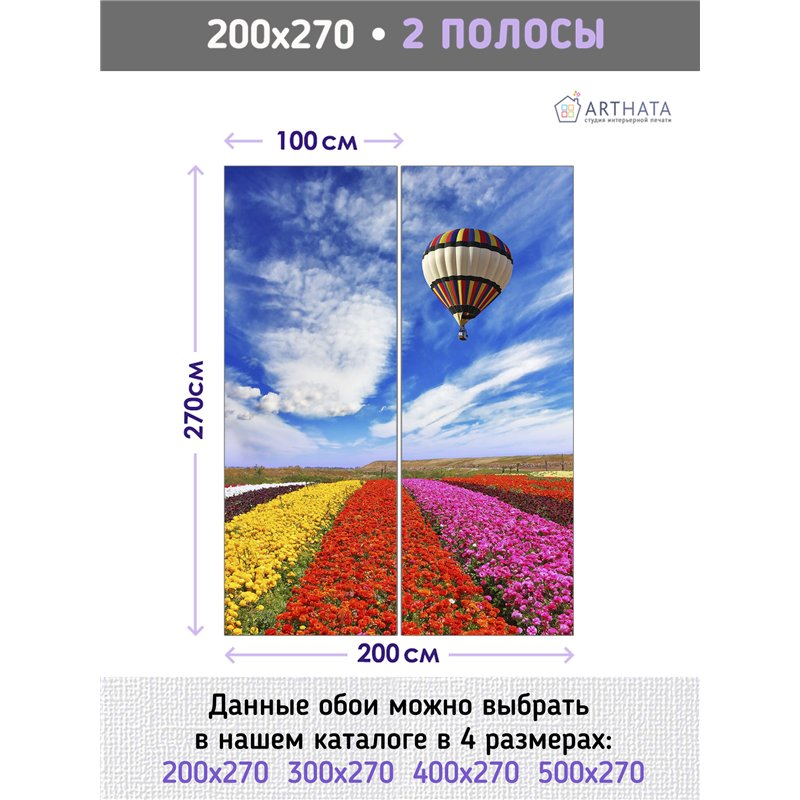 Фотообои воздушный шар и поле с тюльпанами в зал 200х270