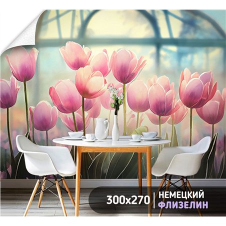 Фотообои розовые цветы тюльпаны на кухню моющиеся 300х270