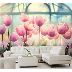 Фотообои розовые цветы тюльпаны на кухню моющиеся 300х270