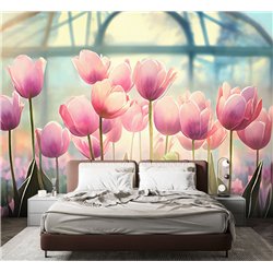 Фотообои розовые цветы тюльпаны на кухню моющиеся 300х270