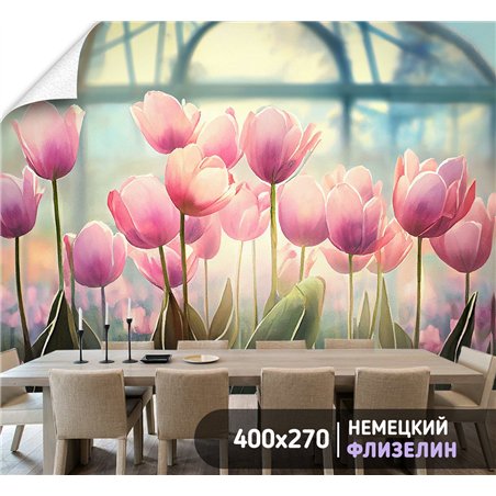 Фотообои розовые тюльпаны для кухни 400х270