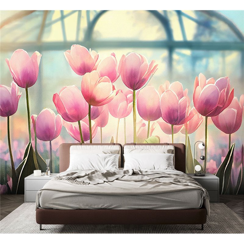 Фотообои розовые тюльпаны для кухни 400х270