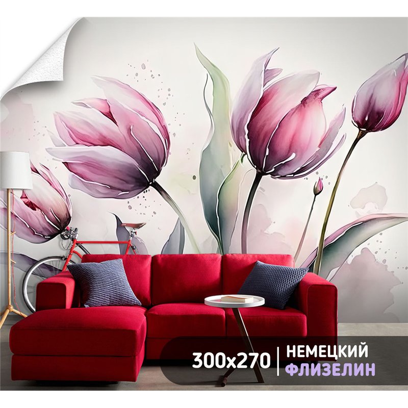 Фотообои акварельные тюльпаны для кухни метровые 300х270