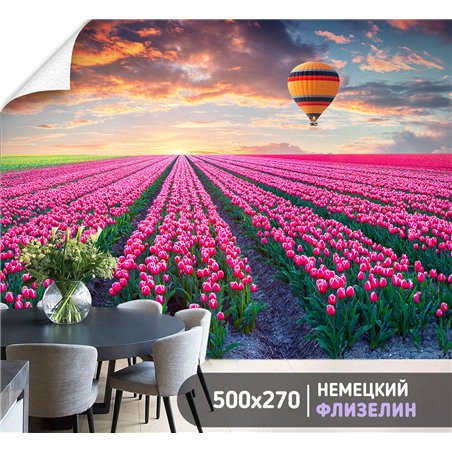 Фотообои воздушный шар и поле с тюльпанами в зал 500х270