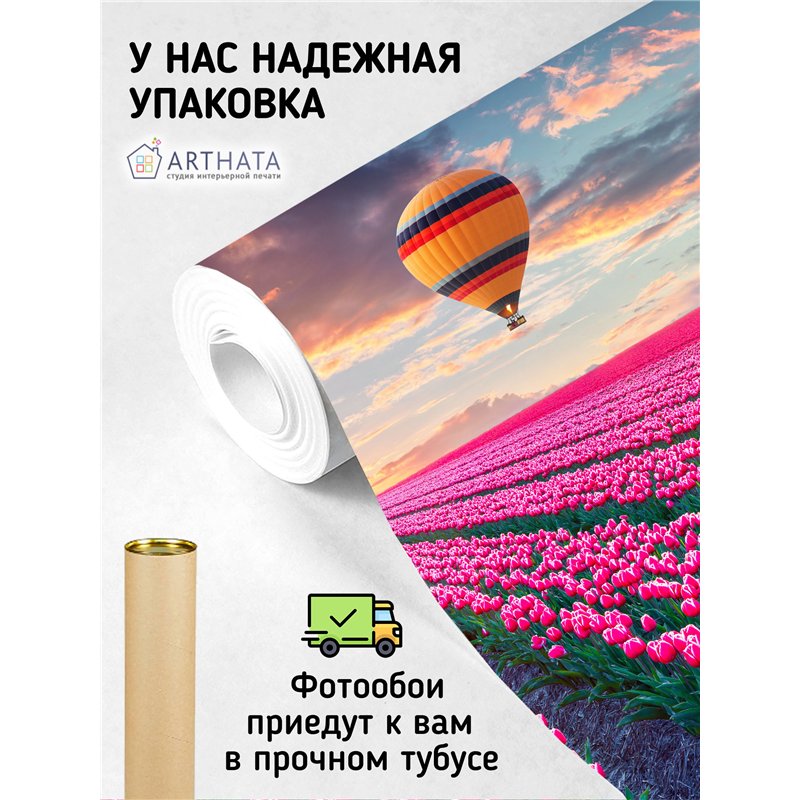 Фотообои воздушный шар и поле с тюльпанами в зал 500х270