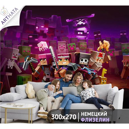 Фотообои детские флизелиновые - детский фон майнкрафт - 300x270см. Обои винил на флизелинеMinecraft, яркая иллюстрация, девочки