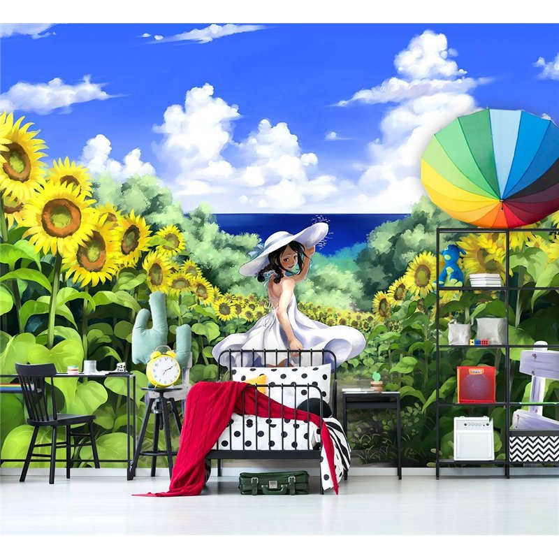 Фотообои на стену детские Аниме девочка подсолнухи 200x270