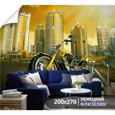 Фотообои мотоцикл на фоне города для зала метровые 200х270