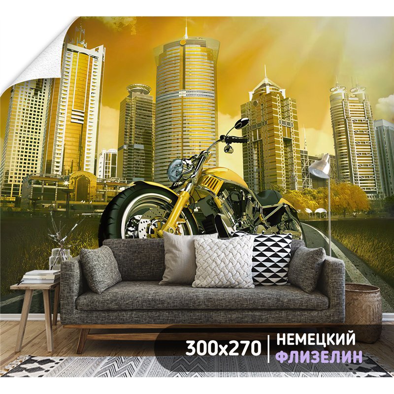 Фотообои с мотоциклом на фоне города в коридор 300х270