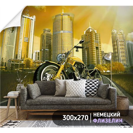 Фотообои с мотоциклом на фоне города в коридор 300х270