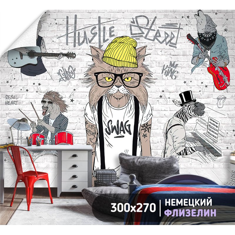 Фотообои граффити животные на кирпичной стене детям 300х270