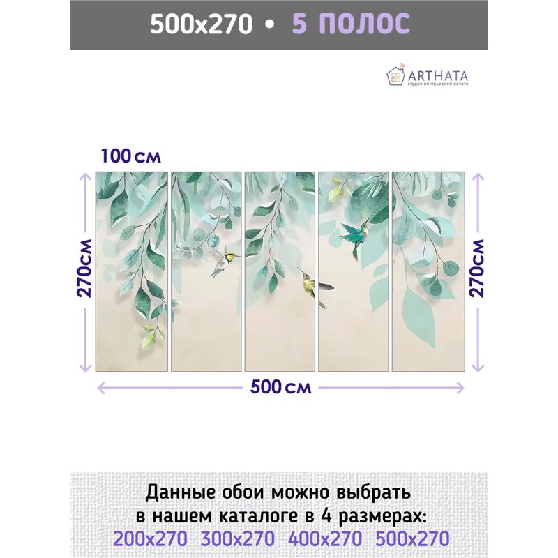 Фотообои с листьями и птицами колибри в коридор 500х270