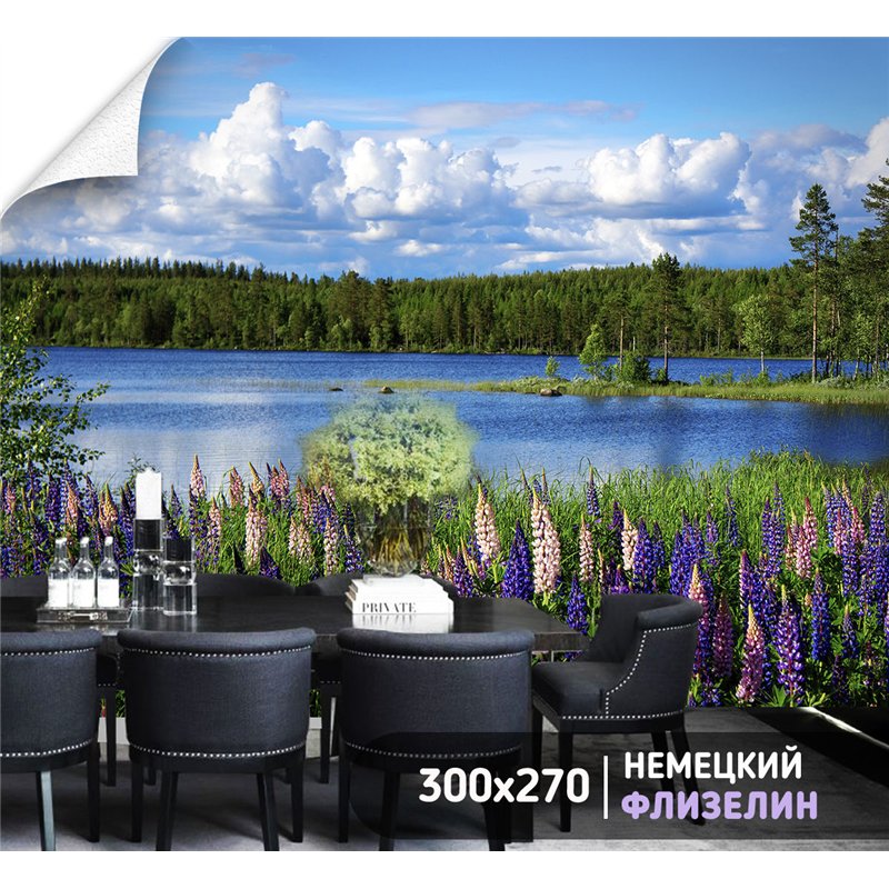 Фотообои цветущий берег реки с видом на лес в зал 300х270