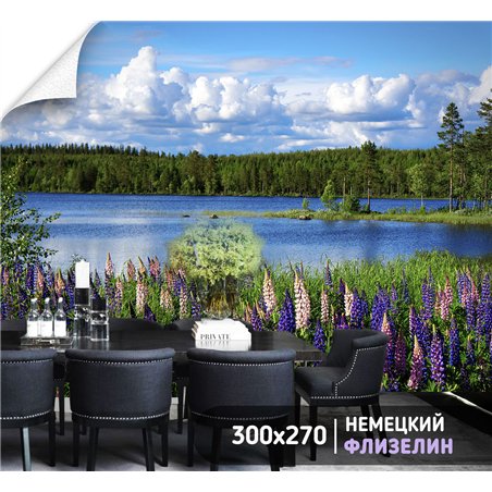 Фотообои цветущий берег реки с видом на лес в зал 300х270