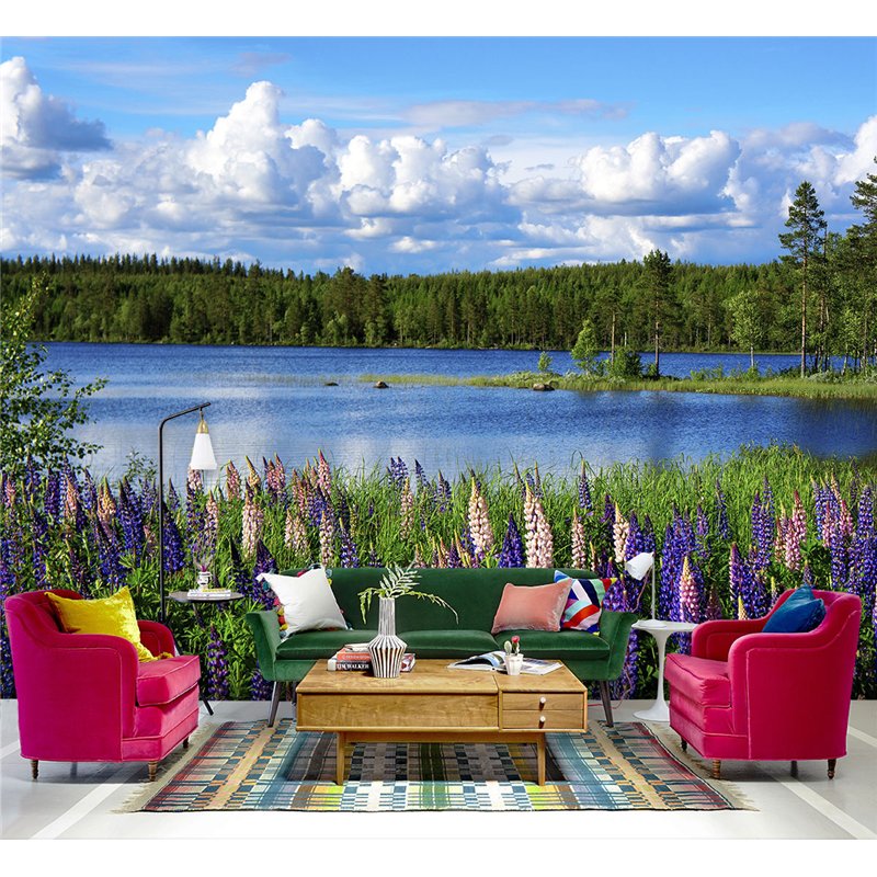 Фотообои цветущий берег реки с видом на лес в зал 300х270