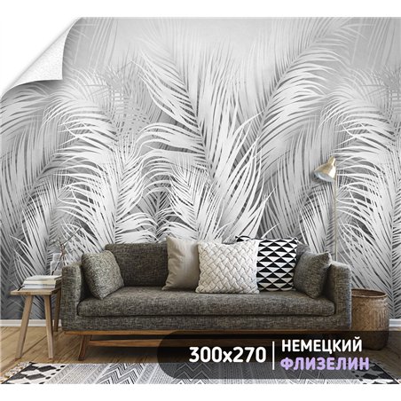 Фотообои белые перья на сером фоне для спальни 300х270