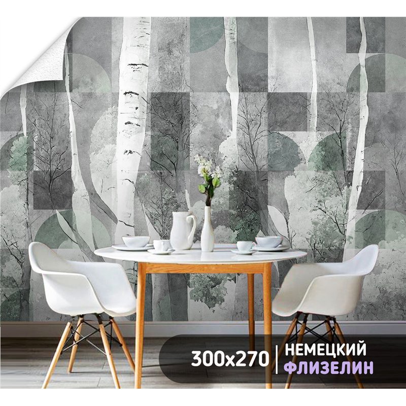 Фотообои дероевья и геометрические фигуры для зала 300х270