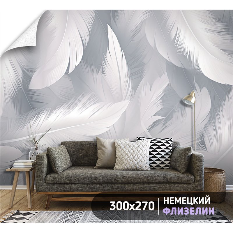 Фотообои с большими перьями белого цвета в спальню 300х270