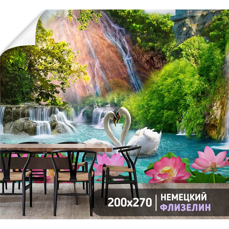 Фотообои фреска с лебедями у водопада в зал метровые 200х270