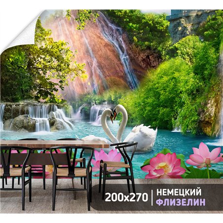 Фотообои фреска с лебедями у водопада в зал метровые 200х270