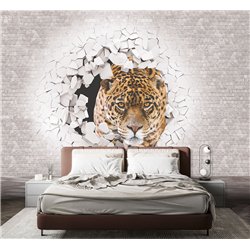 Фотообои с леопардом и кирпичной стеной для кухни 400х270