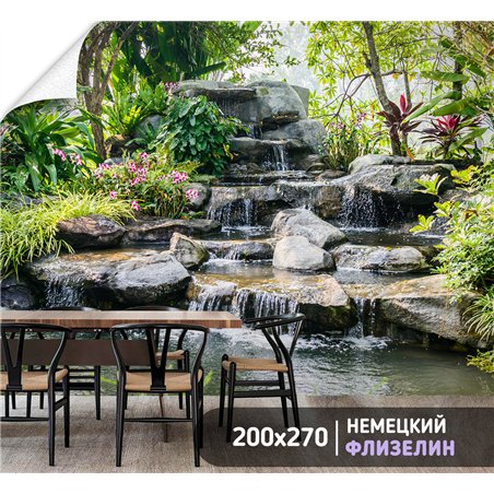 Фотообои тропический водопад и цветы для кухни 200х270