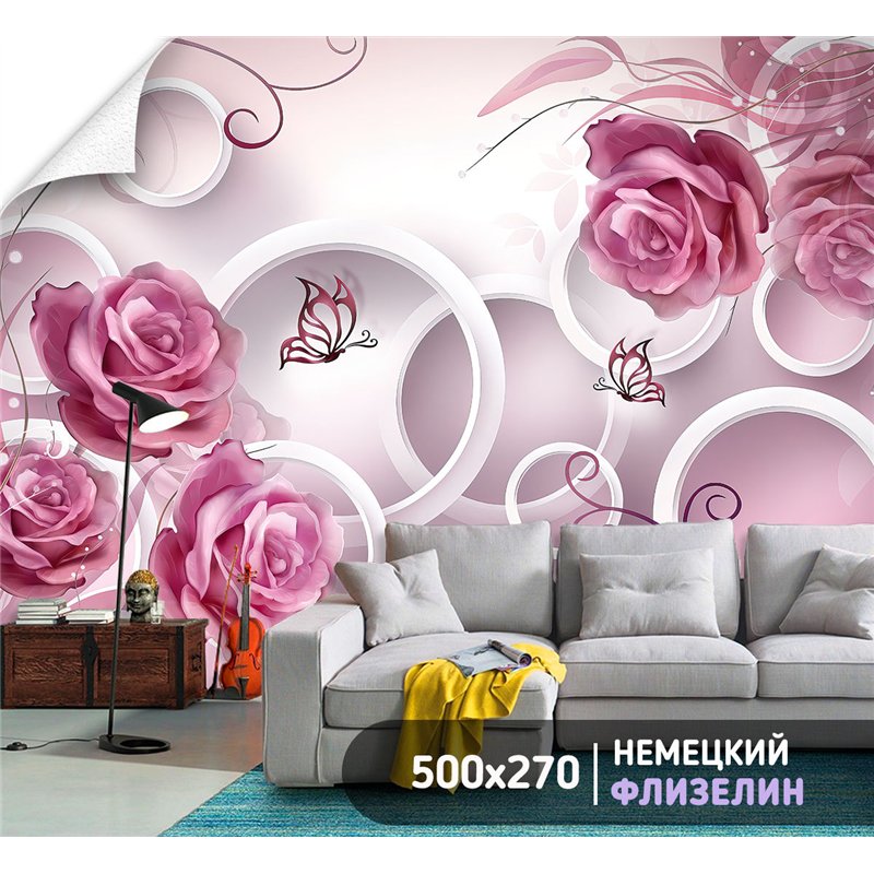 Фотообои розовые розы и 3д круги на кухню моющиеся 500х270