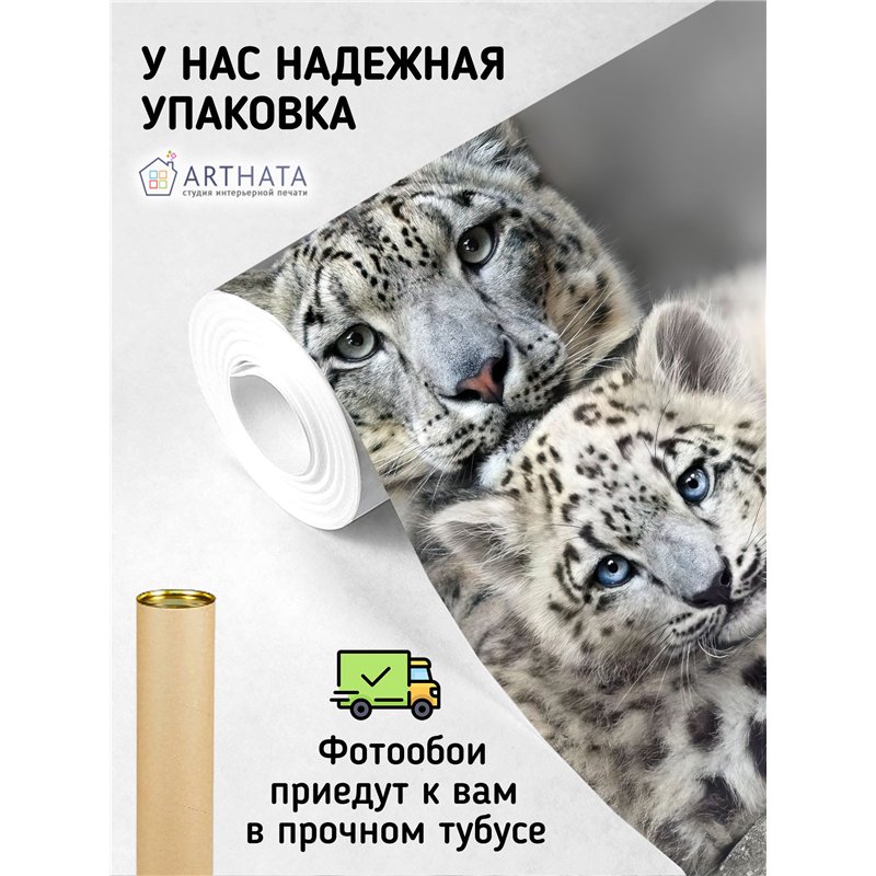Фотообои снежный барс с детенышем для зала метровые 400х270