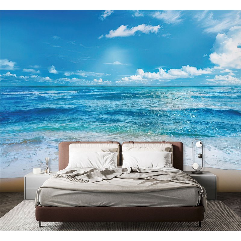 Фотообои песочный пляж у голубого моря 3d для зала 300х270