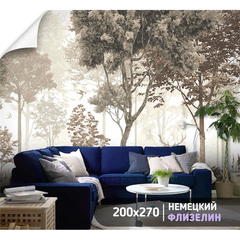 Фотообои фреска лес с оленями для зал моющиеся 200х270