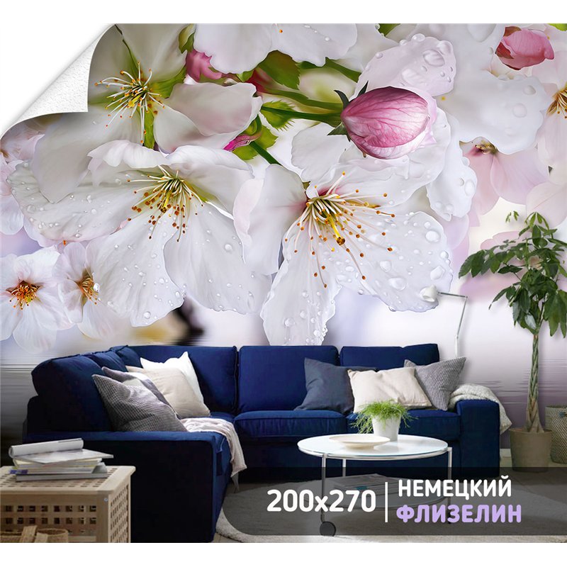 Фотообои цветущая яблоня в росе на кухню 200х270