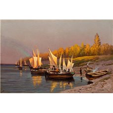 Картина на холсте по фото Модульные картины Печать портретов на холсте Волков Ефим «Парусные лодки на берегу на закате»