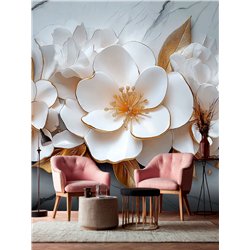 Фотообои 3D Белые цветы с золотыми листьями 200x270