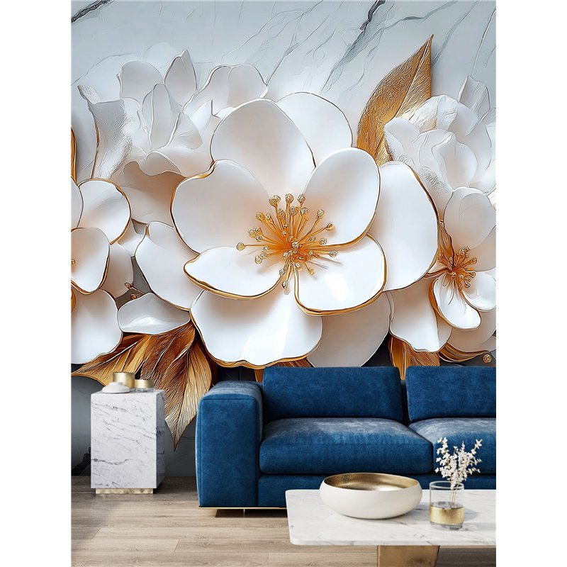 Фотообои 3D Белые цветы с золотыми листьями 200x270