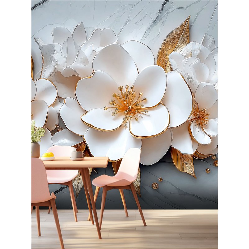 Фотообои 3D Белые цветы с золотыми листьями 200x270