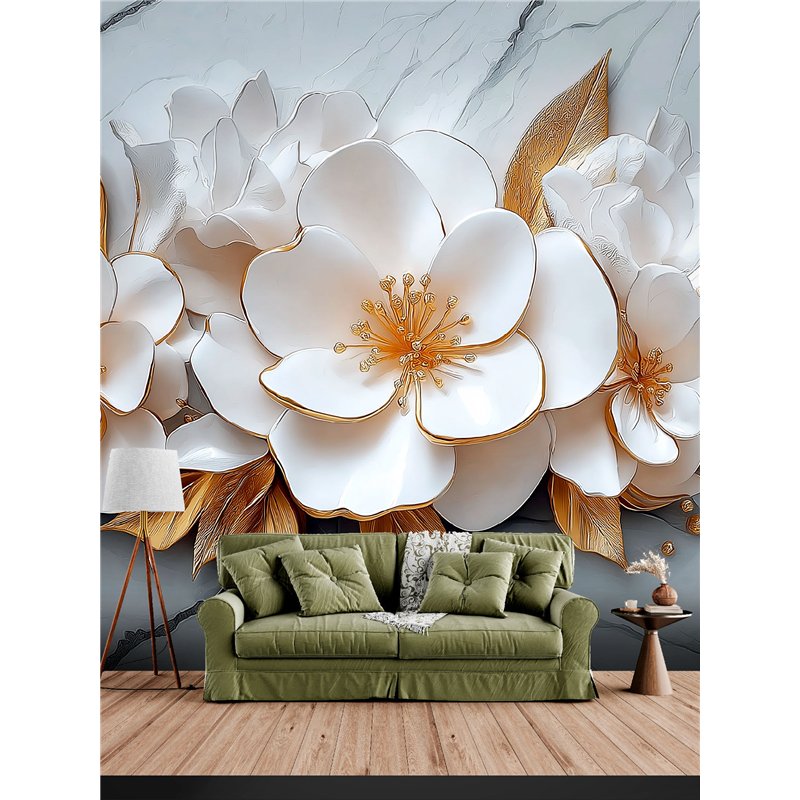 Фотообои 3D фарфоровые цветы с золотом 500x27