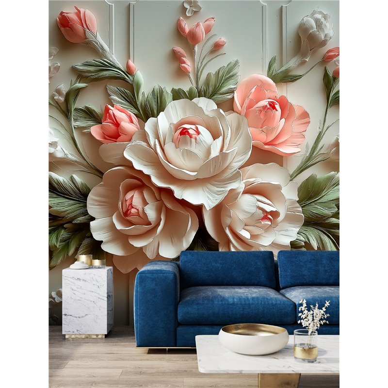 Фотообои Фреска 3D Розовые пионы с зелеными листьями 300x270